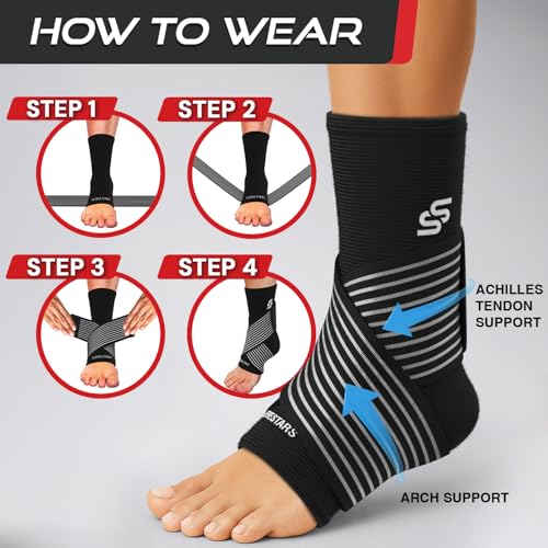 Sleeve Stars Ankle Brace for Women & Men, Ankle Wrap for Sprain, Compression Sleeve for Plantar Fasciitis Relief, Easy Customizable Support: w/ Removable Strap (Single/M:10"-12"/Black)