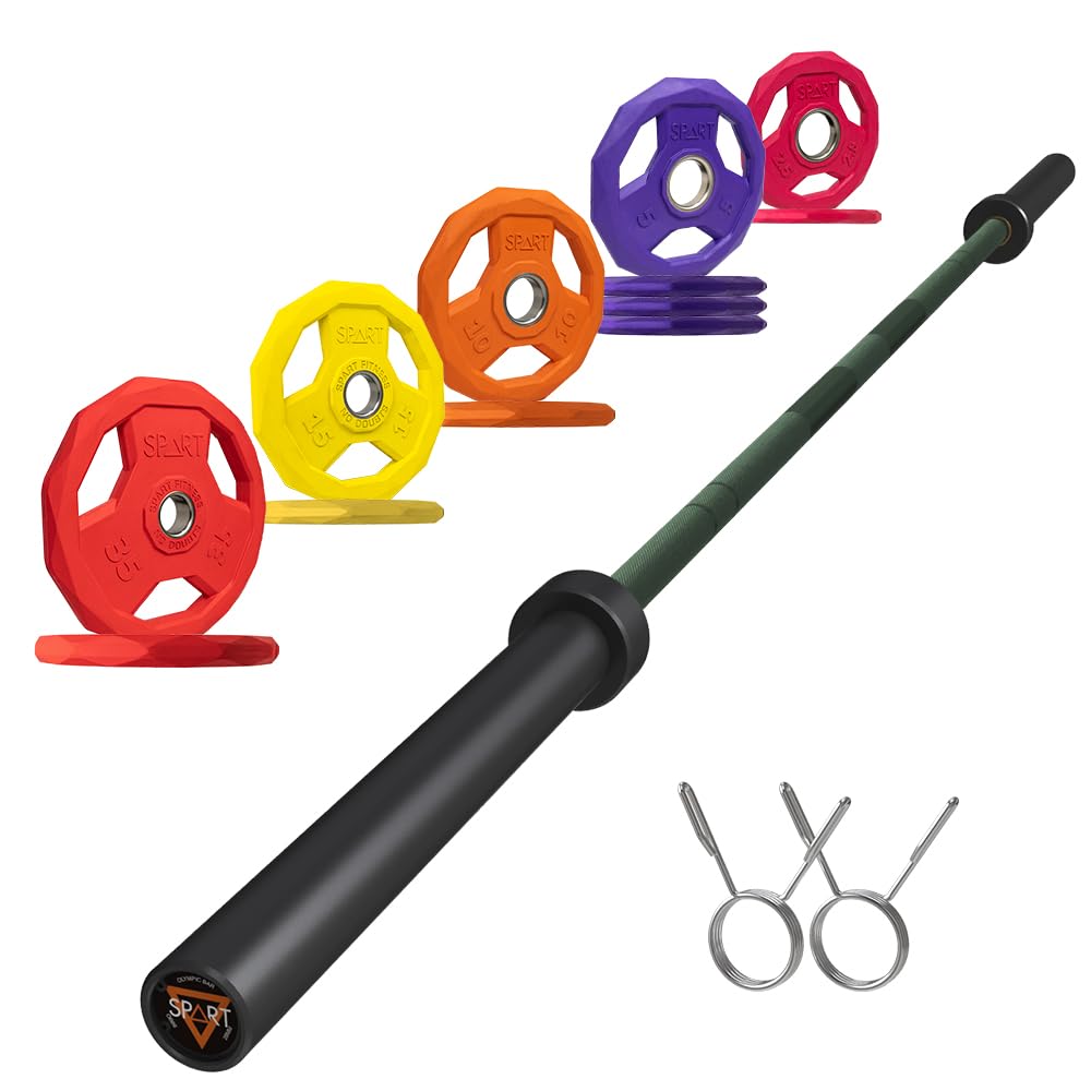 7FT Olympic Barbell Bar with Weight Plate Set Combo, Solid Olympic Bar with Bearings, 700Lbs Capacity Weight Bar for Home Gym Strength Training, Weightlifting, Powerlifting, Fit for 2" Olympic Plates