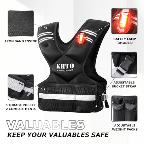 KHTO Adjustable Weighted Vest for Men and Women with Warning Light Reflective Strip，Large Weight Vest for Exercise Set Cardio and Strength Training (4-10lb/11-20lb/20-32lb)
