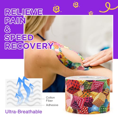 OK TAPE Patterned Kinesiology Tape, Elastic Physical Therapy Athletic Tape for Pain Relief & Muscle Support, Uncut Kinetic Tape, 2in x 16.4ft- 2 Rolls (Geometric)