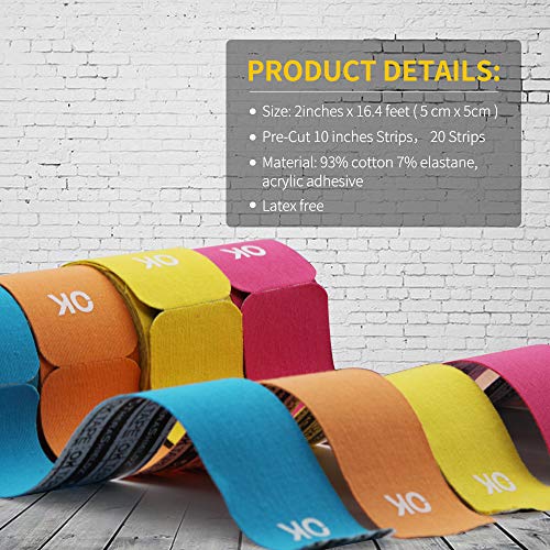 OK TAPE Kinesiology Tape 10 inches Precut, 20 Strips, Cotton Elastic Athletic Tape Latex Free, 2in x 16ft, Black