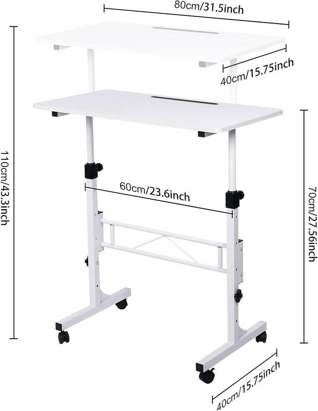 KLSMYHOKI Standing Desk Adjustable Height, Mobile Stand Up Desk with Wheels Small Computer Desk Rolling Desks, Portable Laptop Desk White Standing Table Home Office Desks 16"x31.5" Height 27"-43.5"