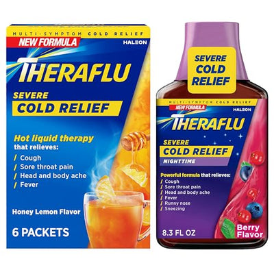 Theraflu Combo Nighttime Severe Cold Relief Syrup, Berry Flavor, 8.3 fl oz & Theraflu Daytime Severe Cold Relief Powder, Honey Lemon Flavor, 6 Ct