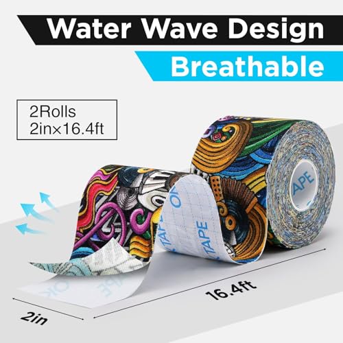 OK TAPE Hypoallergenic Digtal Printed Kinesiology Tape, Elastic Sports Athletic Tape, 2 Rolls, 2in×16.4ft Uncut Roll-DIY