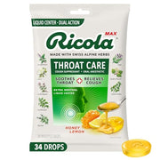 Ricola Max Honey Lemon Throat Care Large Bag | Cough Suppressant Drops | Dual Action Liquid Center | Soothing Long-Lasting Relief - 34 Count (Pack of 1)