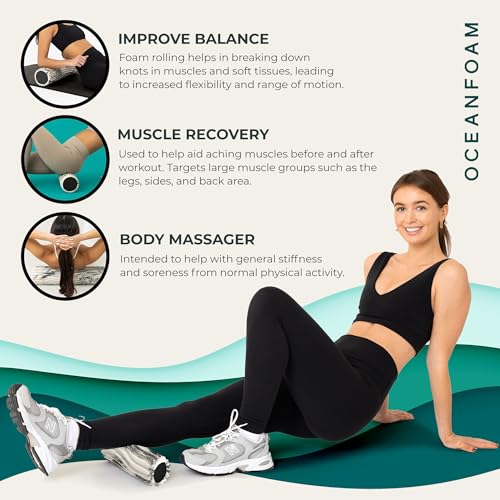 Oceanfoam Ripple Travel Foam Roller (11" x 3.35") Firm Mini Foam Roller for Physical Therapy, Deep Tissue Massage, Back Pain - High Density, Ergonomic Wave Textured - Yoga, Exercise (Black Marbled)