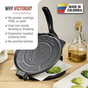Victoria 8-Inch Cast Iron Tortilla Press HD Spherrous, Commercial-Grade Cast Iron Tortilla Maker, Roti Press, Pataconera Seasoned with Flaxseed Oil, Made in Colombia, Black