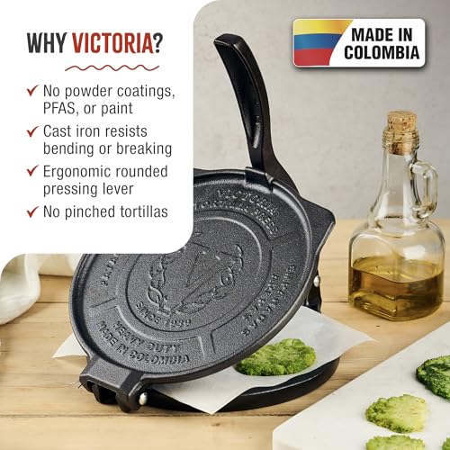 Victoria 8-Inch Cast Iron Tortilla Press HD Spherrous, Commercial-Grade Cast Iron Tortilla Maker, Roti Press, Pataconera Seasoned with Flaxseed Oil, Made in Colombia, Black
