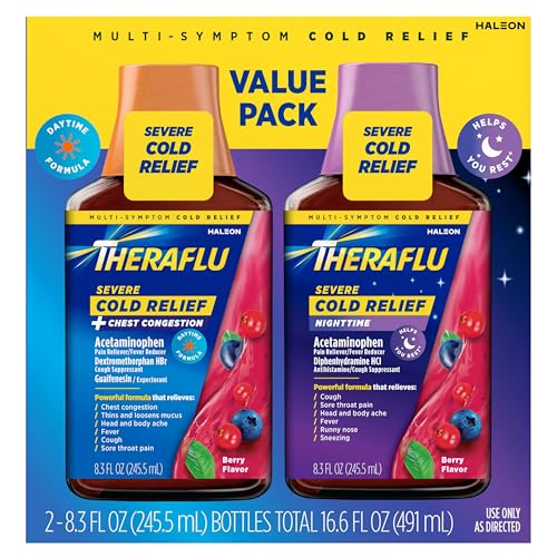 Theraflu Severe Cold and Cough Nighttime and Daytime Cough and Cold Medicine, Berry Flavor - 8.3 Fl Oz Syrup x 2
