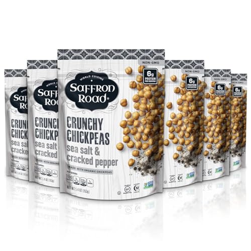 Saffron Road Roasted and Crunchy Sea Salt and Cracked Pepper Chickpeas | High Protein Snacks | Gluten-free, Vegan, Non-GMO, and Certified Halal and Kosher | 5.4oz Pouch | Pack of 6
