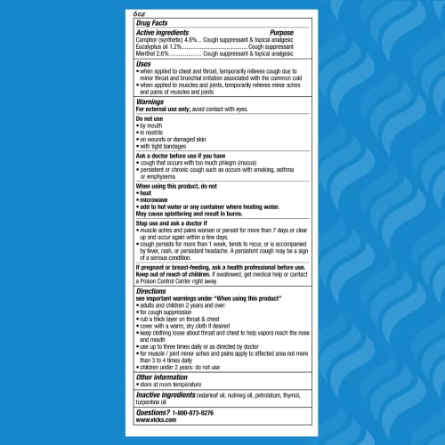 Vicks VapoRub, Original, Cough Suppressant, Topical Chest Rub & Analgesic Ointment, Medicated Vicks Vapors, Relief from Cough Due to Cold, Aches & Pains, 6oz (2 Count)