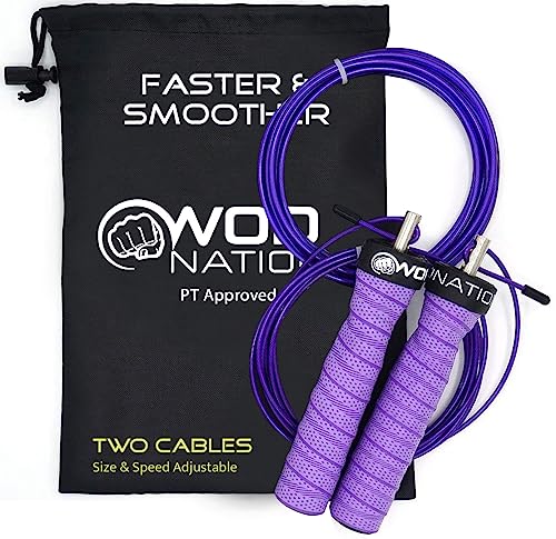 WOD Nation Attack Speed Jump Rope : Adjustable Jumping Ropes : Unique Two Cable Skipping Workout System : One Thick and One Light 11 Foot Cable : Perfect for Double Unders : Men and Women