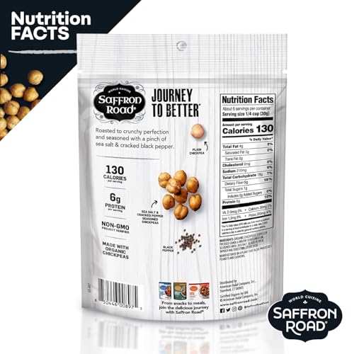 Saffron Road Roasted and Crunchy Sea Salt and Cracked Pepper Chickpeas | High Protein Snacks | Gluten-free, Vegan, Non-GMO, and Certified Halal and Kosher | 5.4oz Pouch | Pack of 6