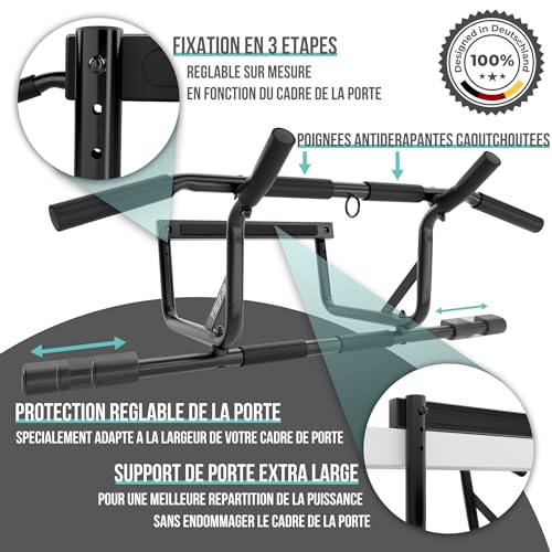 PULLUP & DIP Pull-up bar for door frames for hanging without screws and no slipping, professional door bar, pull-up bar with padded handles