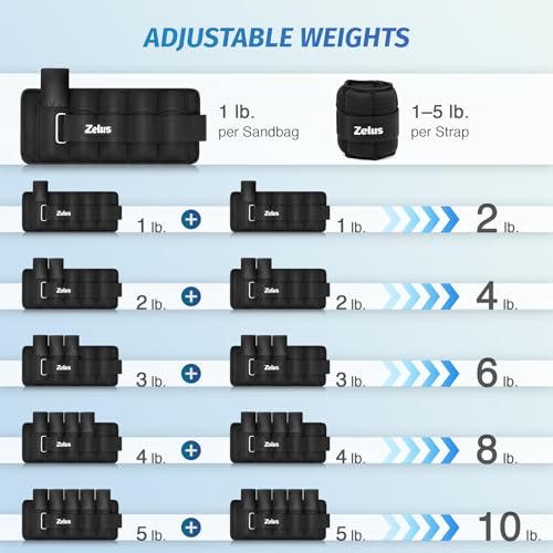 ZELUS 1 Pair Adjustable Ankle Weights, 2 4 6 8 10 lb Modularized Leg Weight Straps for Women Men, Weighted Ankle Weight Set with Removable Sandbags, 1-5 lb per Ankle Strap for Gym Yoga Jogging Walking