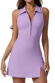 QINSEN Womens Zip Front Tennis Dress Polo Collar Racer Back Workout Golf Dresses Build in Shorts with Pockets