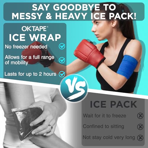 OK TAPE 2 Rolls Ice Self Stick Bandage Wrap, Instant Cold Relief for Knee, Ankle, Wrist, Cold Compress Elastic Athletic Tape for Sports Injuries, No Refrigeration Needed, 4 Inch Wide, Navy Blue