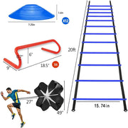 Speed & Agility Ladder Training Equipment Set, Includes 12 Rung 20ft Agility Ladder, 4 Agility Hurdles,12 Disc Cones, 1 Resistance Parachute for Training Football Soccer Basketball Athletes