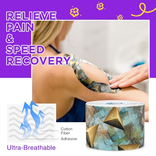 OK TAPE Patterned Kinesiology Tape, Elastic Physical Therapy Athletic Tape for Pain Relief & Muscle Support, Uncut Kinetic Tape, 2in x 16.4ft- 2 Rolls (Pyramid)