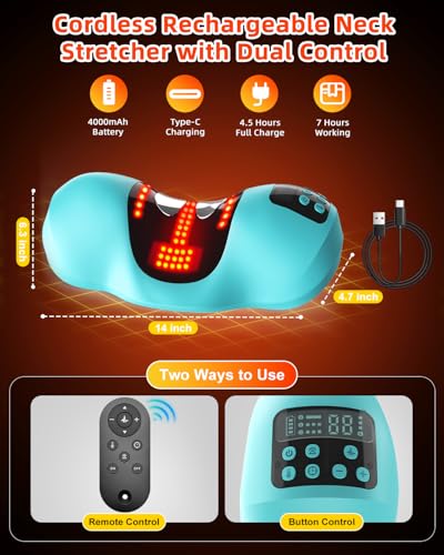 Wireless Heated Neck Stretcher, Cordless Neck Shoulder Cervical Traction Device with 3 Heating Levels, 3 Massager Modes, Timmer for Muscle Relax Hump Corrector
