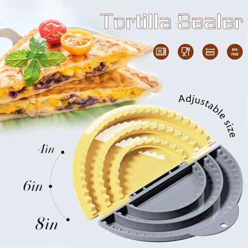 Tortilla Sealer,SELERS,Tacos tortilla crimper Maker Large,Removable & Adjustable 4"-6''-8" Crust,For Burritos,Pasties,Tortilla,Dumplings,Sandwich,Grey Yellow
