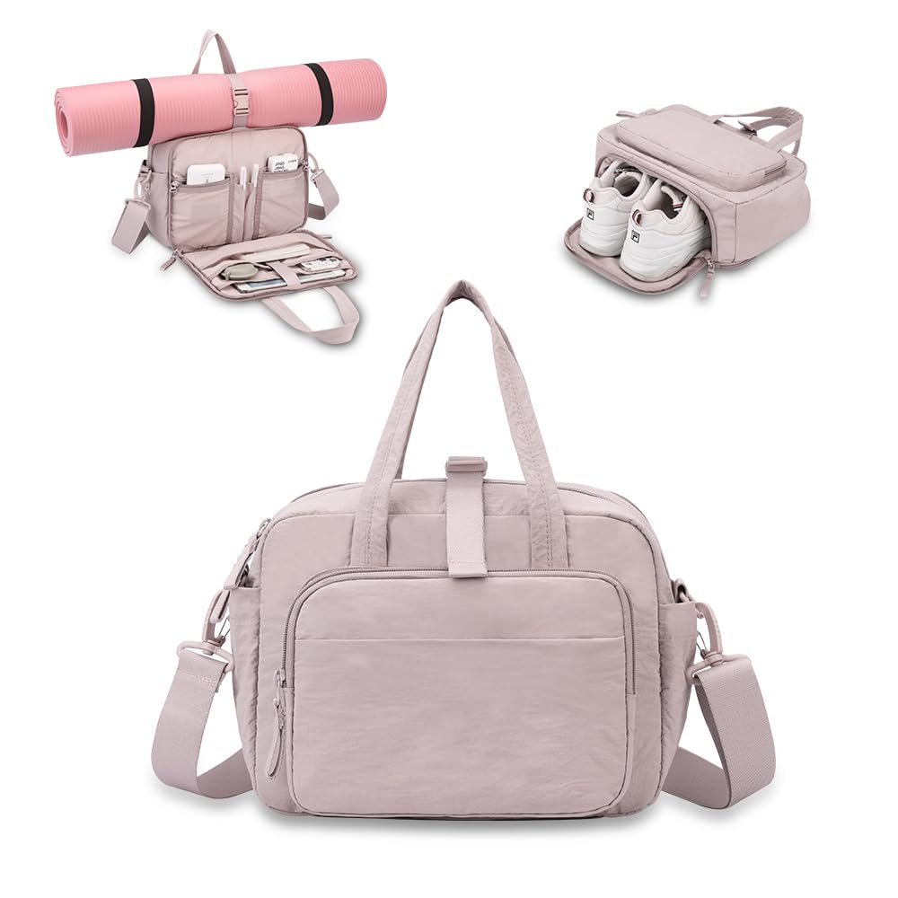 mini gym bag for women, travel duffel bag with wet pockets and Shoe Compartment,Lightweight carry on weekender duffel, water resistant,for sports,yoga,dance,khaki