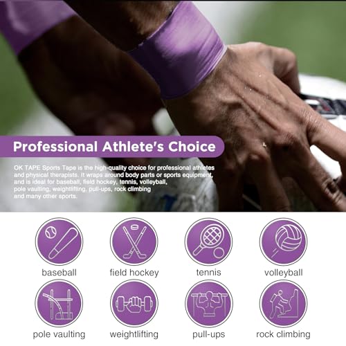 OK TAPE 4 Rolls Athletic Tape, Sports Tape for Injuries, Rigid, Easy Tear Medical Tape, Wrist Tape, No Sticky Residue | Secure Ankle, Finger, Knee- 1.5inch x 15yards (Purple)