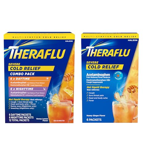 Theraflu Severe Cold Relief Hot Liquid Powder Combo: 12ct Daytime/Nighttime Honey Lemon Flavor + 6ct Daytime Honey Ginger Flavor