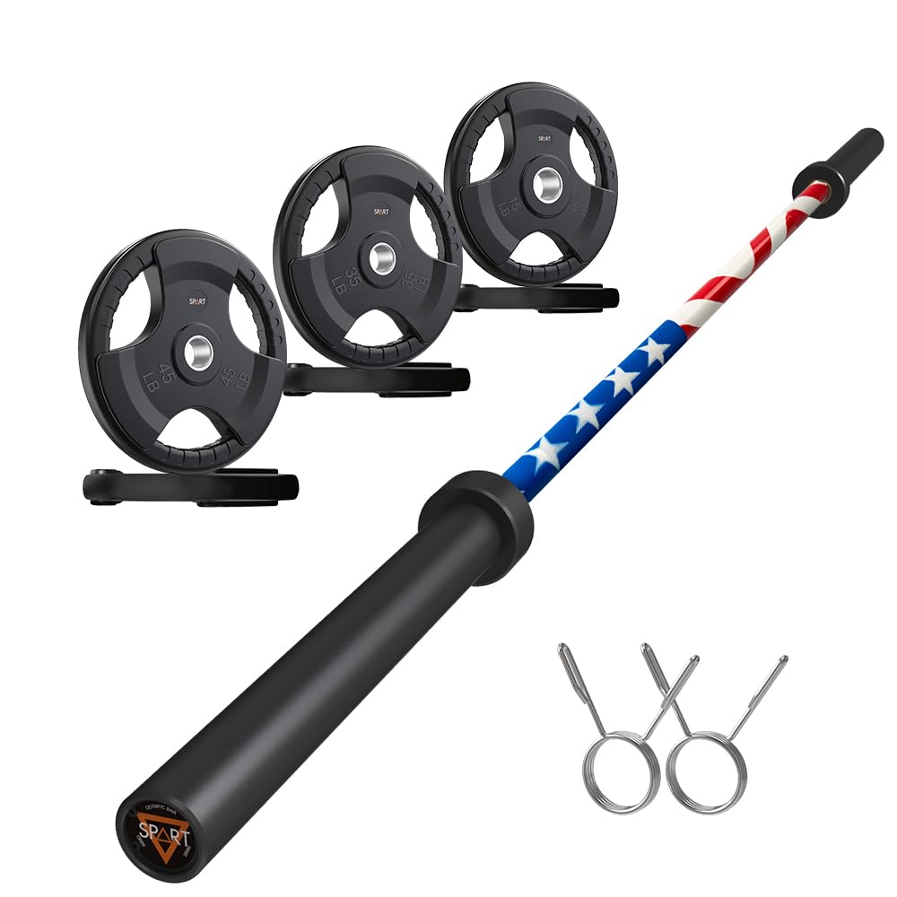 7FT Olympic Barbell Bar with Weight Plate Set Combo, Solid Olympic Bar with Bearings, 700Lbs Capacity Weight Bar for Home Gym Strength Training, Weightlifting, Powerlifting, Fit for 2" Olympic Plates