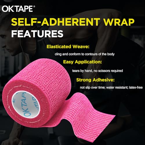 OK TAPE 12 Rolls Self Adhesive Bandage Wrap, Elastic Athletic Tape, Self Stick Bandage Tape, Vet Wrap, Medical Wrap for Wrist, Feet, 2" x 5 Yards - Pink