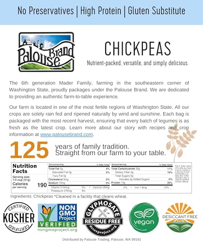 Palouse Brand Certified Glyphosate Residue Free Chickpeas | 3 LBS | Family Farmed in Washington State | Desiccant Free | Non-GMO Project Verified | Kosher Parve | Cotton Drawstring Bag