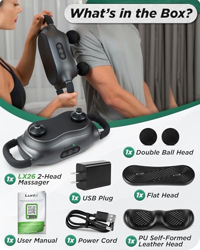 Lunix LX26 2-Head Professional Deep Tissue Massage Gun, Chiropractic Massager, Body Sport Vibrating Back Massager Machine for Pain Relief