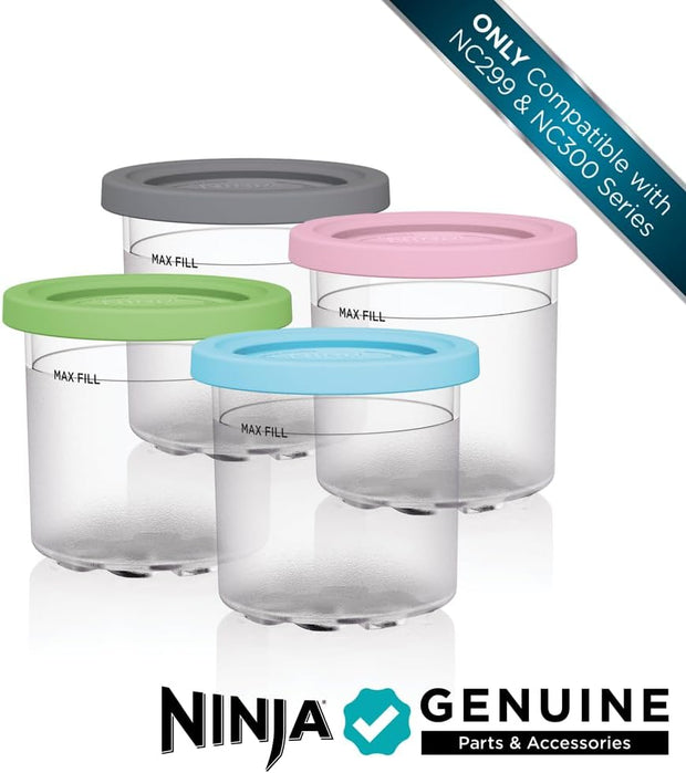 Ninja Creami Pints 4 Pack, Compatible with NC299AMZ & NC300s Series Creami Ice Cream Makers, Genuine Ninja Pint, BPA-Free & Dishwasher Safe, Color Lids, Clear/Grey/Lime/Pink/Aqua, XSKPLD4BCD​