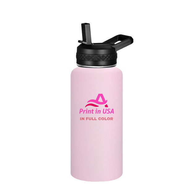 Personalized Custom Print in USA Water Bottle 32oz Stainless Steel Double Wall Coffee Cup with Lid & Straw Insulated Tumbler with Colorful Text Logo Photo