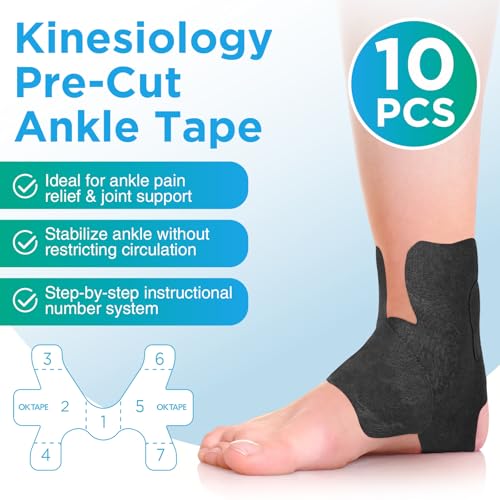 OK TAPE Precut Kinesiology Ankle Tape, 10 Pcs, Pain Relief, Prevent Ankle Sprain, Provide Support for Ankle Ligament, Elastic Athletic Tape, Breathable K Tape for Daily use - Black