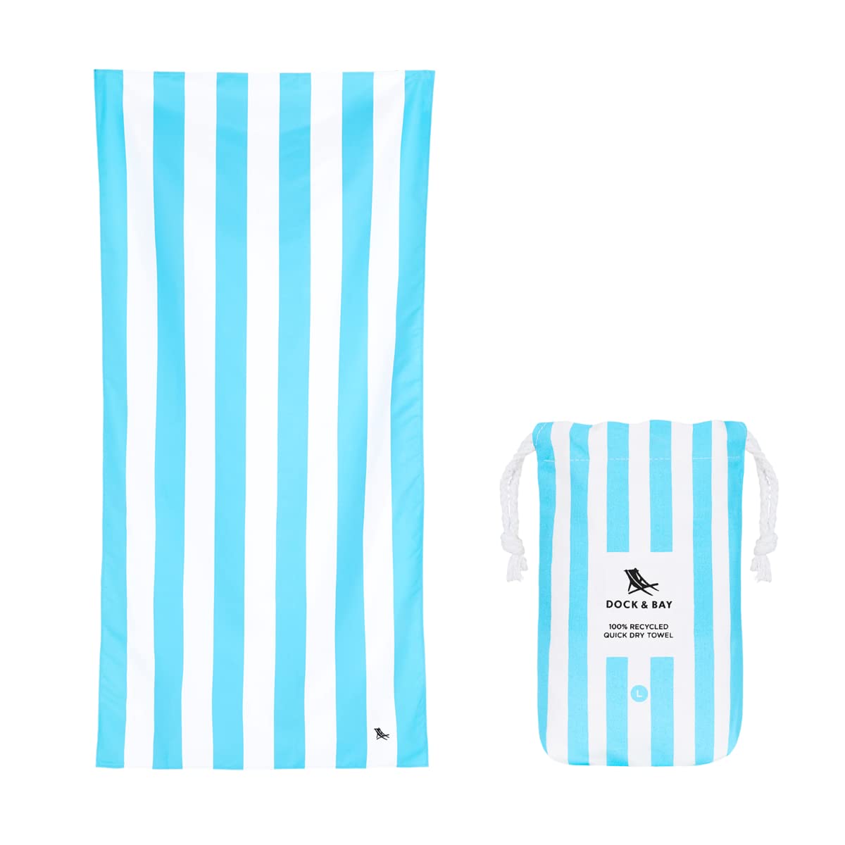 Dock & Bay Beach Towel - Quick Dry, Sand Free - Compact, Lightweight - 100% Recycled - Includes Bag - Cabana - Bondi Blue - Large (160x90cm, 63x35)