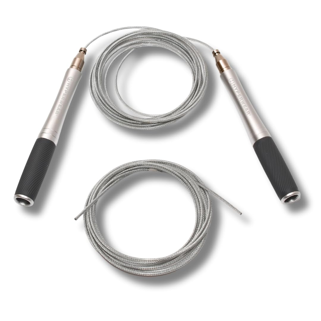 Hyperwear Adjustable Speed Jump Rope - Patented Self-Locking Head, Aluminum Hangles with Knurled Silicone Grips and Bonus Wire Rope for CrossFit, Boxing, and Fitness Training