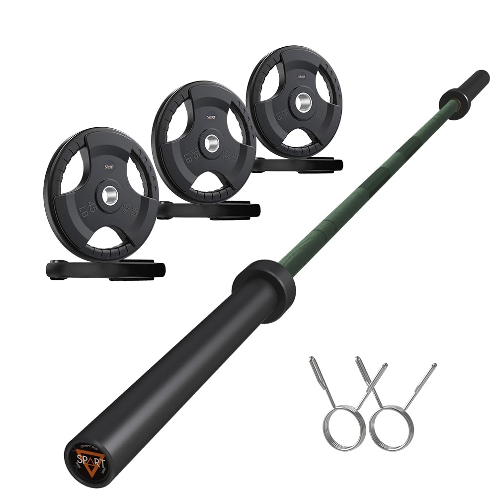 7FT Olympic Barbell Bar with Weight Plate Set Combo, Solid Olympic Bar with Bearings, 700Lbs Capacity Weight Bar for Home Gym Strength Training, Weightlifting, Powerlifting, Fit for 2" Olympic Plates