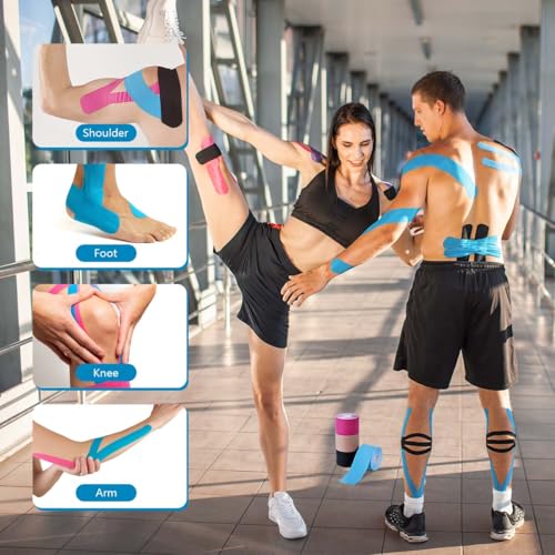 OBTANIM 4 Rolls Waterproof Breathable Kinesiology Tape, Athletic Elastic Kneepad Muscle Pain Relief Knee Taping for Gym Fitness Running Tennis Swimming Football (Black, Skin, Pink, Light Blue)