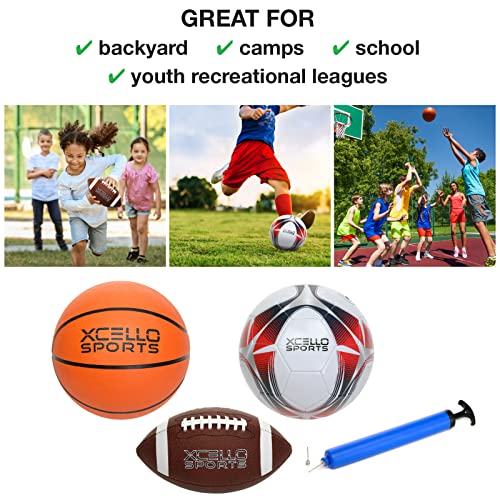 Multi-Sport 3-Ball Set - Jr. Football, Official B7 Basketball and Size 5 Soccer Ball with Ball Pump (Classic)