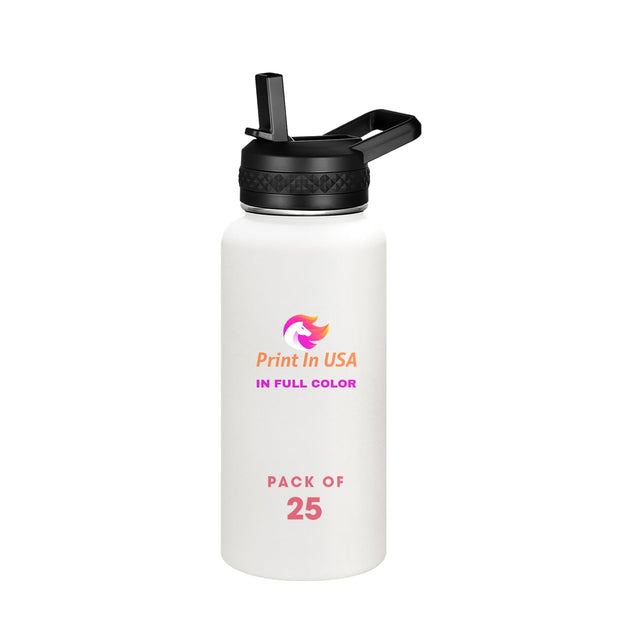 Personalized Custom Print in USA Water Bottle 32oz Stainless Steel Double Wall Coffee Cup with Lid & Straw Insulated Tumbler with Colorful Text Logo Photo