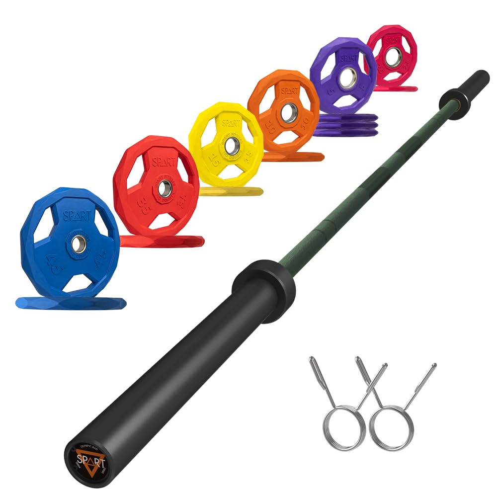 7FT Olympic Barbell Bar with Weight Plate Set Combo, Solid Olympic Bar with Bearings, 700Lbs Capacity Weight Bar for Home Gym Strength Training, Weightlifting, Powerlifting, Fit for 2" Olympic Plates