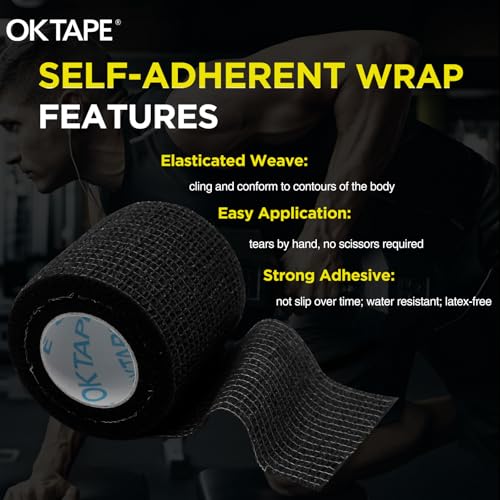 OK TAPE 12 Rolls Self Adhesive Bandage Wrap, Elastic Athletic Tape, Self Stick Bandage Tape, Vet Wrap, Medical Wrap for Wrist, Feet, 2" x 5 Yards - Black