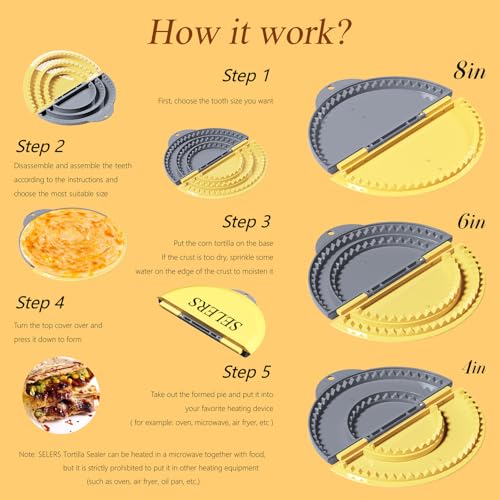 Tortilla Sealer,SELERS,Tacos tortilla crimper Maker Large,Removable & Adjustable 4"-6''-8" Crust,For Burritos,Pasties,Tortilla,Dumplings,Sandwich,Grey Yellow