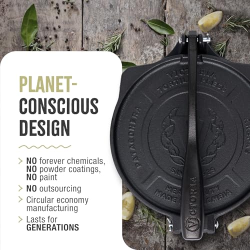 Victoria 8-Inch Cast Iron Tortilla Press HD Spherrous, Commercial-Grade Cast Iron Tortilla Maker, Roti Press, Pataconera Seasoned with Flaxseed Oil, Made in Colombia, Black