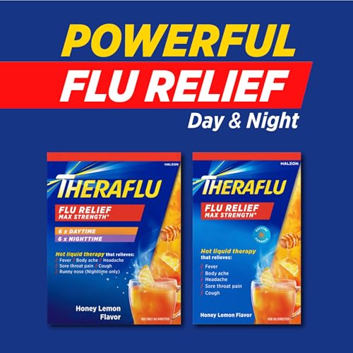 Theraflu Max Strength Daytime Flu Medicine for Flu Symptom Relief with Acetaminophen and Dextromethorphan HBr, Honey Lemon Flavored - 6 Powder Packets