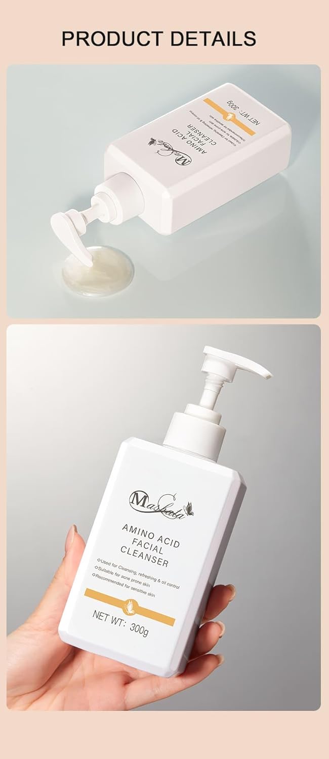 Mashata Amino Acid Facial Cleanser - 10.14oz Gentle Foaming Face Wash for Oily, Sensitive and Acne-Prone Skin - Hydrating Vegan Skincare with Natural Ingredients