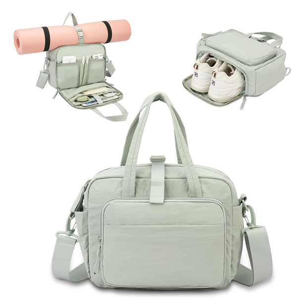 mini gym bag for women, travel duffel bag with wet pockets and Shoe Compartment,Lightweight carry on weekender duffel, water resistant,for sports,yoga,dance,khaki