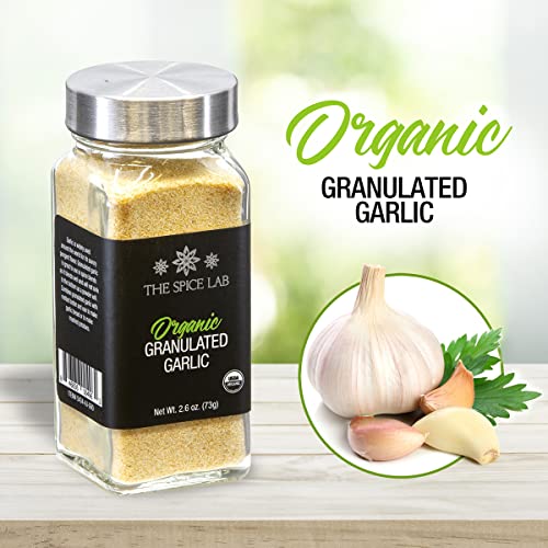 The Spice Lab Organic Garlic Powder Granulated - Gluten Free Dried Garlic Organic - 2.6 oz French Jar - Non GMO & Kosher Organic Garlic Granules for Stir Fry Vegetables, Pasta Sauce & Garlic Toast
