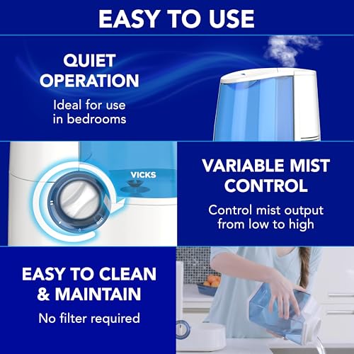 Vicks Warm Mist Humidifier - Air Humidifier for Bedroom, Home & Large Room, Baby, Kids and Adults Soothing Steam Vaporizer for Cough, Congestion, Allergies & Dry Air, VapoSteam Compatible